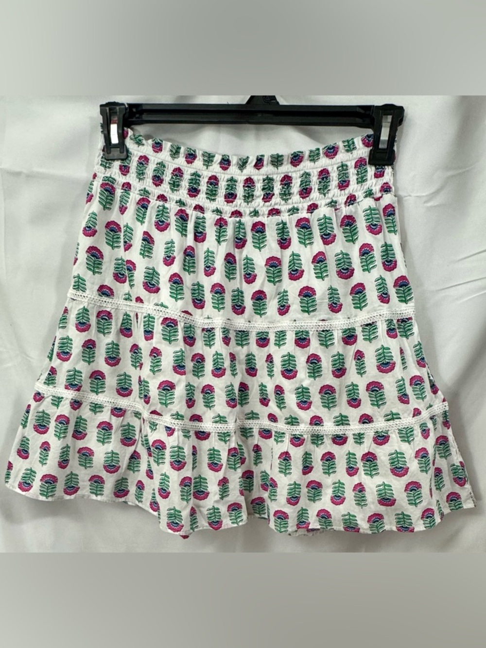 J. Crew White Tiered Skirt with Pink and Green Floral Print